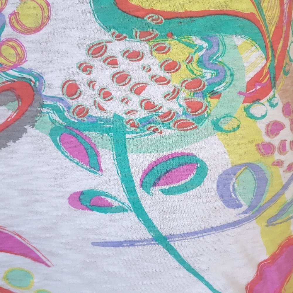 Fresh Produce Colorful Abstract Cotton Scoop‑Neck Top White Yellow Aqua • SMALL - Picture 10 of 14